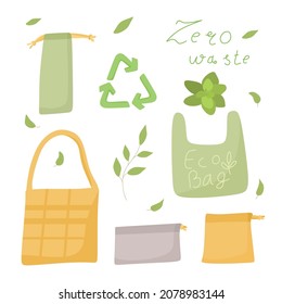 Zero waste concept with various elements. Sustainable lifestyle, eco-friendly bags. Vector illustration in cartoon style