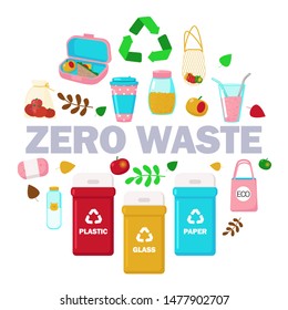 Zero waste concept vector flat illustration isolated on white background. Eco friendly reusable glass bottle, jar, cloth shopping bag, natural food, soap, trash cans and other items in circle.