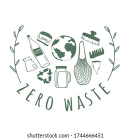 Zero Waste concept. Vector nature Material elements. Recycle. Doodle graphic logotype template. Earth, glass bottle, soap, menstrual cup, eco bag, comb.