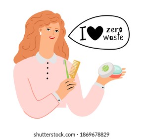 Le concept de zéro déchet. Femme avec des cosmétiques organiques et des objets naturels, illustration vectorielle