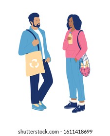 Zero waste concept. Woman with string bag and reusable water bottle and man with textile shopper bag. Vector illustration.