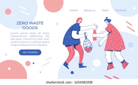 Zero waste concept. Women with string bag, textile shopper and reusable water bottle. Vector illustration. Landing page.