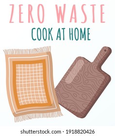 El concepto de basura cero. Equipamiento de cocina de madera para cocinar. Ilustración de vectores de utensilios de cocina respetuosos con el medio ambiente. Tablero de corte y alfombra con inscripción aislada sobre fondo blanco
