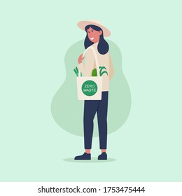 Zero waste concept, young female millennial character carrying groceries in a reusable eco friendly shopper bag, vector illustration