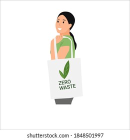 Zero waste concept, young woman character holding reusable eco friendly shopping bag