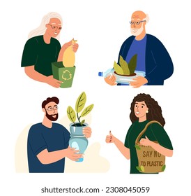 Zero waste concept.Earth day.Upcycling plastic bottles to plant seedling,plants.Using Textile environmentally friendly reusable shopping bag,eco shopper.Reducing waste set.Flat vector illustration