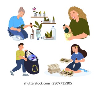 Zero waste concept.Earth day.Upcycling plastic bottles,eggs containers, utilized jar to plant seedling,plants,flowers.Cleaning Litter.Recycling,reutilization.Reducing waste.Flat vector illustration