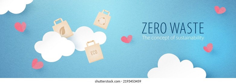 Concepto de basura cero.Bolsa de papel reutilizable flotando en el cielo azul con nubes y corazones.Papel artístico de la conservación y el concepto de medio ambiente y ecología sostenibles.Ilustración vectorial.