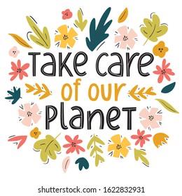 Zero waste concept.Take care of our planet typography poster. Doodle vector hand drawn illustration in scandinavian style, go green, no plastic, save the planet