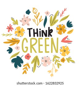 Zero waste concept.Think green typography banner. Doodle vector hand drawn illustration in scandinavian style, go green, no plastic, save the planet
