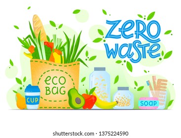 Zero waste concept.Vector illustration with hand drawn lettering,eco grocery bag,vegetables,fruits,kitchen jars,soap,comb and toothbrush,thermo mug.Live green, go to zero waste.Zero waste principals.