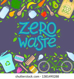 Zero waste concept.Vector illustration with hand drawn lettering,eco grocery bag,vegetables,fruits,bicycle,glass jars,wooden cutlery,comb and toothbrush,menstrual cup,thermo mug.Zero waste principals.