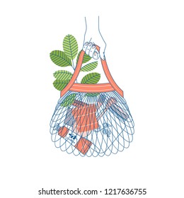 Zero waste crocheted string bag. Objects on white background. Bathroom and kitchen supplies and rubber plant. Zero waste shopping. Vector illustration