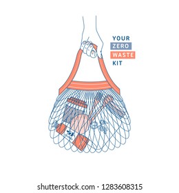 Zero waste crocheted string bag. Objects on white background. Bathroom and kitchen suppliest. Zero waste shopping. Vector illustration