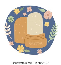  Cero desperdicio. Deodorante de cristal, sobre un fondo floral. Rutina matutina.Vamos verde. Dile no al plástico. Ilustración vectorial.