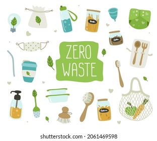 Zero waste cute doodle reusable things collection. Bundle of eco friendly elements of lifestyle.