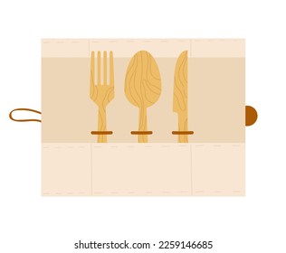 Zero waste cutlery. Reusable wooden kitchenware, eco friendly product vector illustration