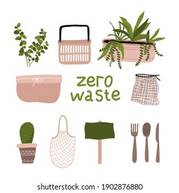Zero waste design elements. concept set with eco objects. hand drawn zero waste. 