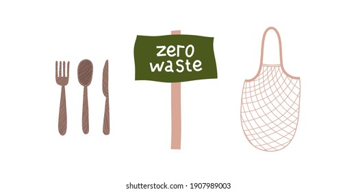 Zero waste design elements. concept set with eco objects. hand drawn zero waste. 