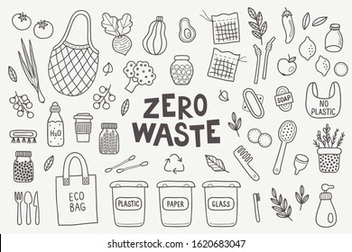 Zero waste design elements - tote bag, ecology, brush, tomato, broccoli, pumpkin, radish, onion, garbage container, jar, vegetables, menstrual cup, leaves. Contour drawing. Perfect for eco prints