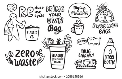 Zero waste doodle concept. Reduce Reuse Recycle illustration. Bring your own produce bags, coffee cup, steel bottle image for your ecology design. Funny cat saying "Meow".  Mug library sign. 