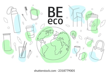 Zero waste doodle icons collection. Hand drawn elements of ecology. Vector illustrations isolated on white background. 