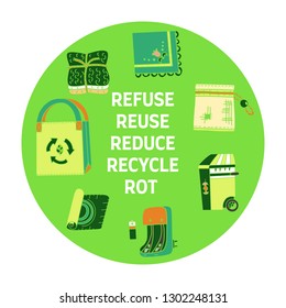 Zero waste doodle. Refuse Reduce Reuse Recycle Rot text. Items from ecoliving and sustainable household.