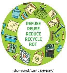 Zero waste doodle. Refuse Reduce Reuse Recycle Rot text. Items from ecoliving and sustainable household.