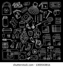 Zero waste doodle set against black background. Kitchen, beauty, home and shopping. Ecoliving. Sustainable houshold.