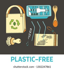 Zero waste doodle with text Plastic-free. Ecological packaging, bags and kitchen accessories. Sustainable houshold.