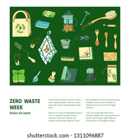 Zero waste doodle with text. Sustainable household and ecoliving concept. Articles about ecology, zero waste and green life-style.