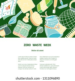 Zero waste doodle with text. Sustainable household and ecoliving concept. Articles about ecology, zero waste and green life-style.
