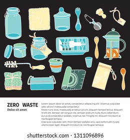 Zero waste doodle with text. Sustainable household and ecoliving concept. Articles about ecology, zero waste and green life-style.