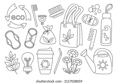 Cero Residuos duraderos conjunto ecológico de doodle, reciclar productos. Protección de la ecología lineal, estilo de vida verde, sin plástico. Bolsas reutilizables de compras, cepillos y botellas, higiene de los artículos, jabón, tazón térmico. Vector