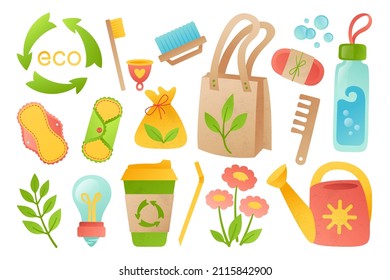 Zero Waste durable eco set, recycle products. Ecology protection, go green lifestyle, no plastic. Reusable shopper bags, brushes and bottles, items hygiene, soap, thermo mug. Vector illustration