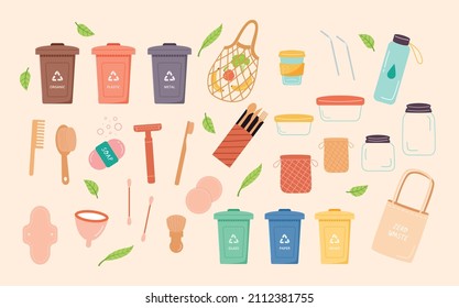 Zero Waste durable and reusable items or products collection - waste sorting, glass jars, eco grocery bags, wooden cutlery, comb, toothbrush, menstrual cup, bottle. Vector illustration cartoon flat