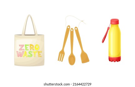Cero residuos de productos duraderos y reutilizables. Bolsa textil ecológica, botella de plástico y herramientas de cocina de bambú cartografía ilustración vectorial