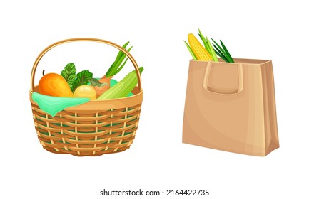 Zero waste durable and reusable products set. Wicker basket and eco paper grocery bag with vegetables cartoon vector illustration