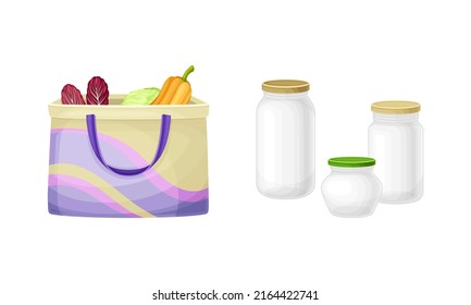 Zero waste durable and reusable products set. Plastic bag with vegetables and glass jars cartoon vector illustration