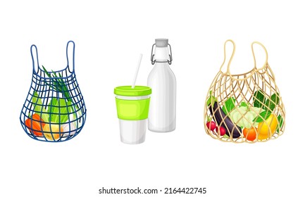 Zero waste durable and reusable products set. Mesh bags with vegetables, glass bottle and plastic cup cartoon vector illustration