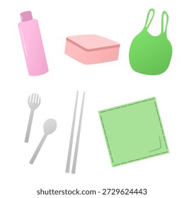 Zero waste eating kit. Spoon, fork, bottle, and lunch box. Eco friendly theme.