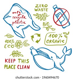 ZERO WASTE ECO Environmental Pollution Problem Of Earth With Whale Plastic Bottle And Plastic Bag On Banner With Text Clip Art Vector Illustration Set For Print