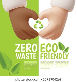 Zero waste and Eco friendly 3D cartoon poster vector design. Heart hands gesture with green recycle sign. Ecology and environment conservation concept. Recycle and reuse, reduce - ecological lifestyle