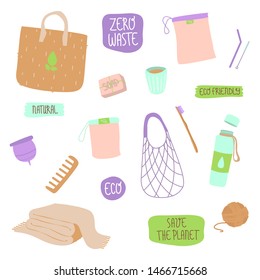 Zero waste, eco friendly hand drawn objects set. Hand drawn elements for print, poster, game, flyer, site design or other design project. Vector illustration.