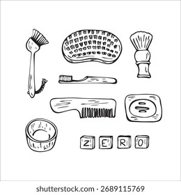 Zero Waste umweltfreundliche Artikel. Handgezeichnete Vektorelemente im Doodle-Stil