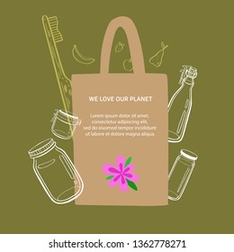 Zero waste and eco friendly lifestyle vector hand drawn background, web banner, poster with textile bag, glass jars and bamboo teethbrush. Less plastic concept. 