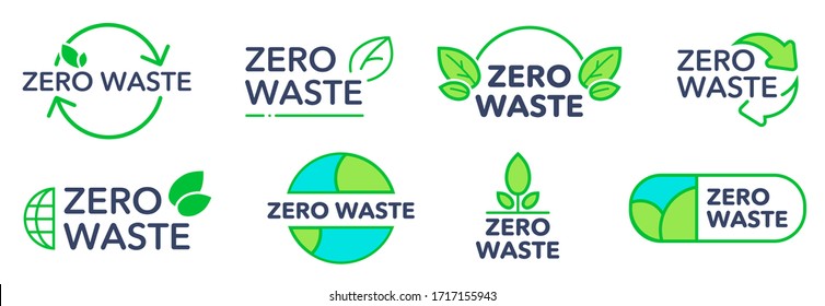 Zero waste eco friendly logos set. Green elements, signs and emblems with leaves, plants and recycling arrows. Vector illustration for environment protection, plastic reduce, ecology concept