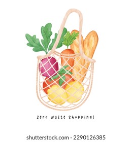 A Zero waste eco friendly shopping bag full of fesh vegetables watercolor hand drawing illustration, bring your own bag.