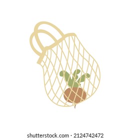 Zero waste eco friendly string bag with a beet. Flat illustration. Say no to plastic image concept. 
