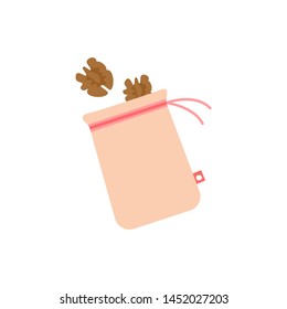 Zero waste eco grocery bag with nuts. Eco style. Hand draw vector illustration